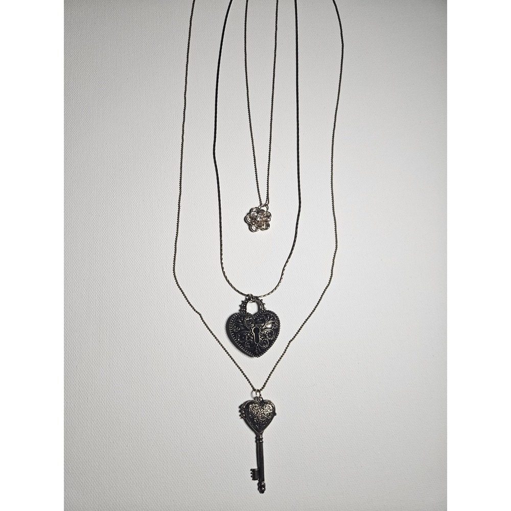 Layered Heart Lock and Key Locket Necklace Set Silver Flower Charm Boho Pendant